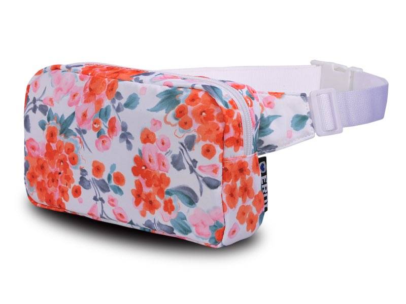 Detailed view of a fanny pack with shattered flowers.