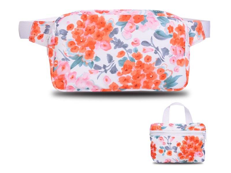 Product image of a fanny pack with shattered flowers.